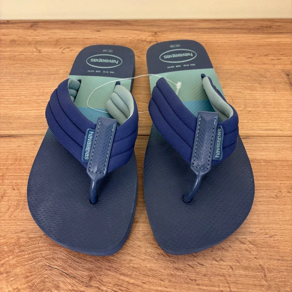 HAVAIANAS Urban Print Flip Flop Navy Blue Stripe Men Size 9/10 Pool Cotton Strap